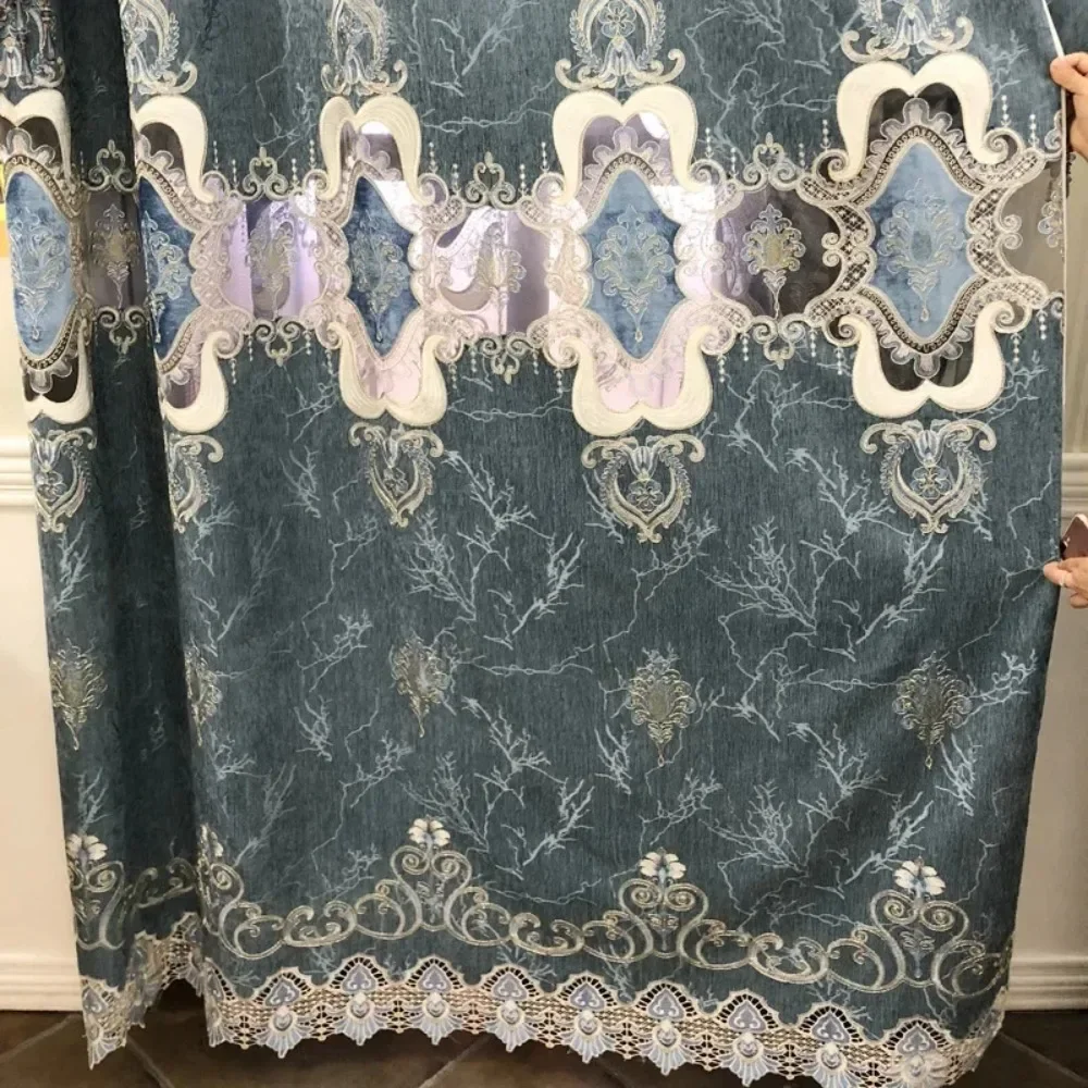 

New European Style Hollowed Out Embroidered Curtains Customized Window Screens Living Room Grand Balconies Blue Water-soluble