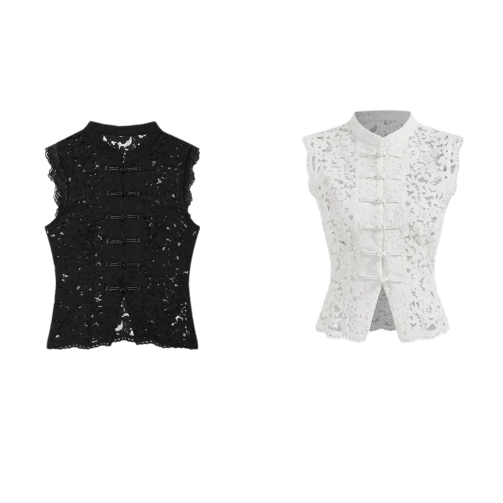 Tanktop Slim Fit Spitzen-Crop-Top Stehkragen Ausgeschnittenes Ärmelloses Top mit Froschknöpfen Sommer Y2K Mädchen-Oberteil Streetwear – Detail 4