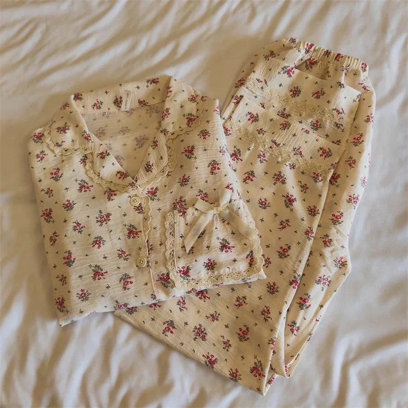 Pajama Sets Turn-down Collar Long Sleeve Women Autumn Sprin Floral Printed Thin Kawaii Trendy Womens 2pcs Kimono Pyjamas Elegant