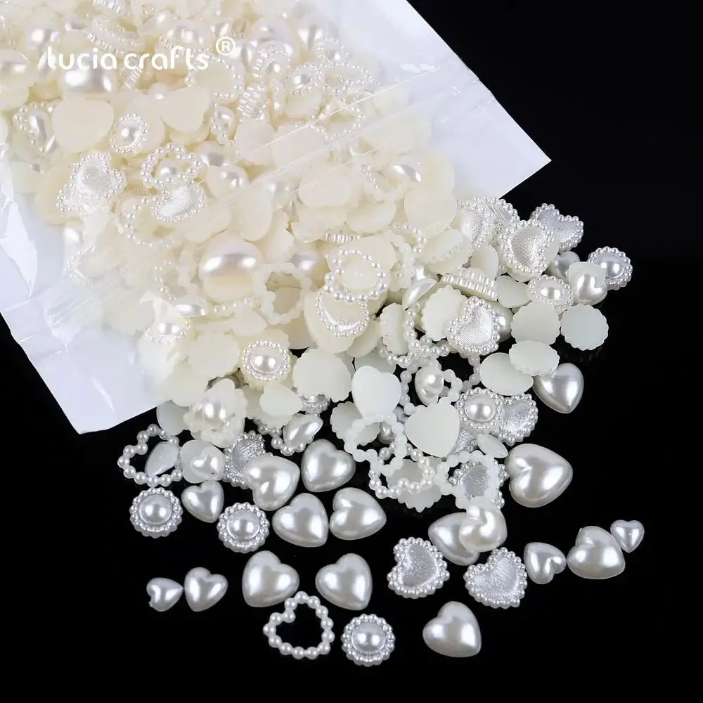 

460Pcs Random Size Flatback Half Round Pearl ABS Exquisite Love Heart Shaped Beads Lovely White Manicure Decoration