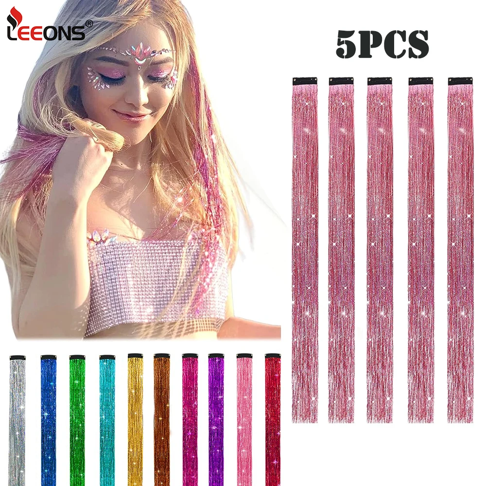 Extensões de cabelo brilhante para tranças, Clip no arco-íris, ouropel brilhante, resistente ao calor, 5pcs por pacote