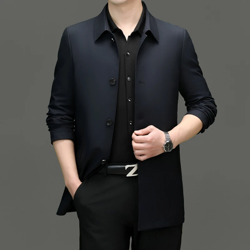 2024 Men\'s Trench Coat in The Long Lapel Business Fashion Handsome Solid Color Casual Coat Korean Version of Young Father Suit