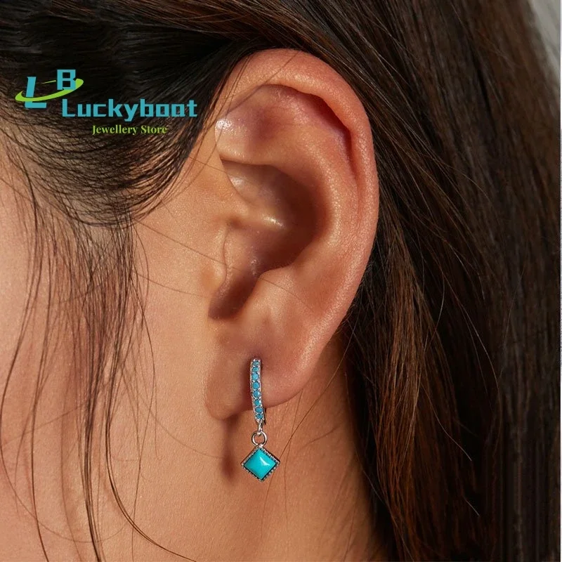

925 Sterling Silver Ear Buckles Vintage Simple Turquoise Pendant Drop Earrings for Women Party Wedding Fine Jewelry