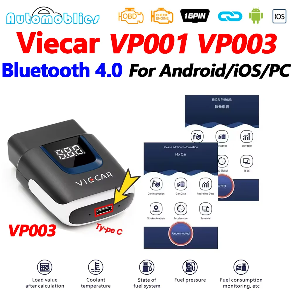 Viecar VP001 VP003 ELM 327 V2.2 PIC18F25K80 For Android/IOS OBD Type-C ELM327 Bluetooth 4.0 USB Scanner Car Diagnostic Auto Tool