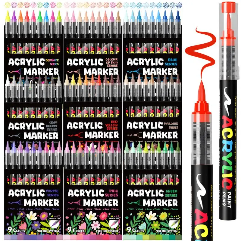 

Direct Liquid Soft-Tip Acrylic Markers, 81 Colors, 9 Color Schemes, 9-Piece Set, Non-Bleeding Watercolor Pens for Art Students, DIY Colored Pens Suitable for Rock Painting, Calligraphy, Scrapbooking, Handwriting, Card Making, Black Cardstock, Stone Painti