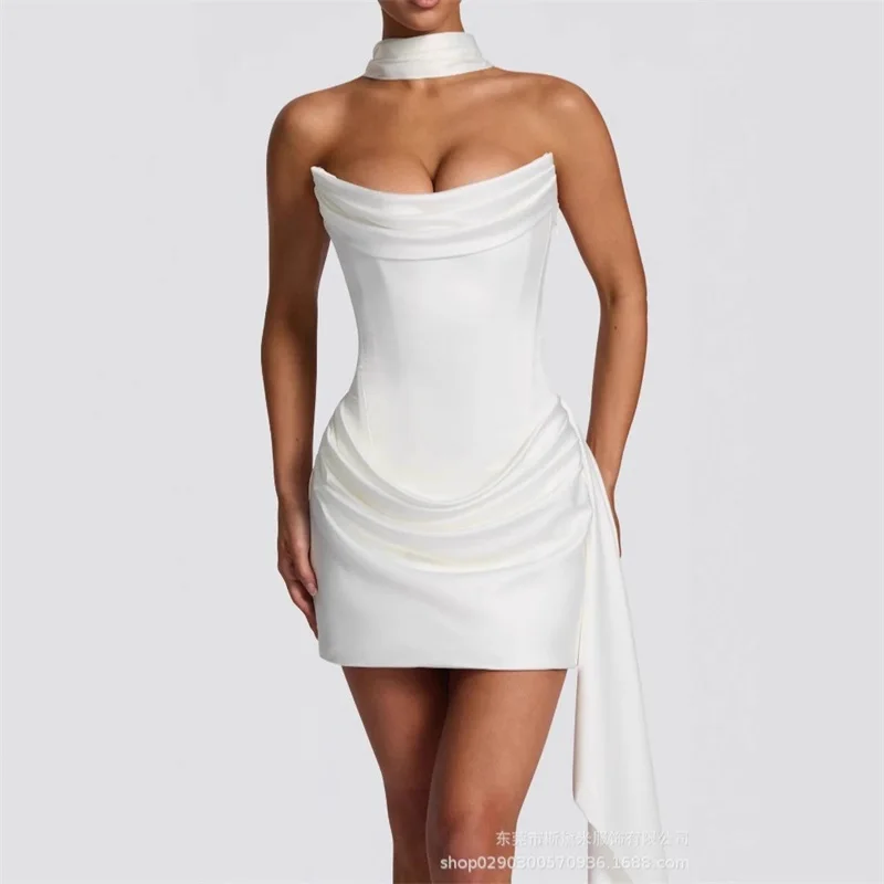 

Satin Ribbon Pleated Women Prom Dress Lace Up Straplesss Short Mini Multiple Colors Backless Waisted Party Gown Newest In Stock