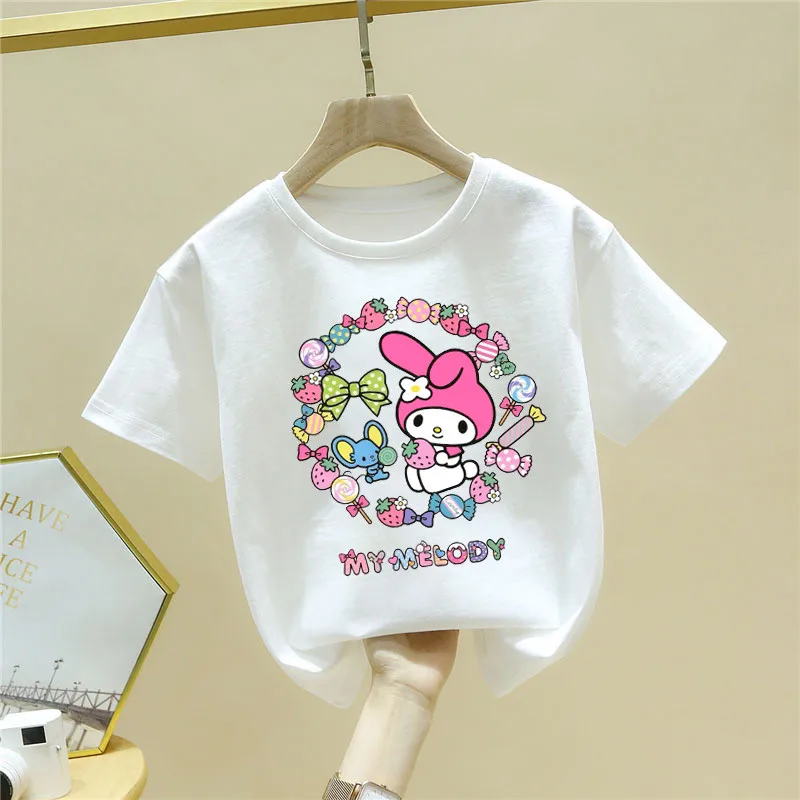 

Sanrio Child Short Sleeve T-shirt Girls Cartoon Melody Print Tees Kawaii Summer Casual Tops Cute Kids Clothing Birthday Gifts