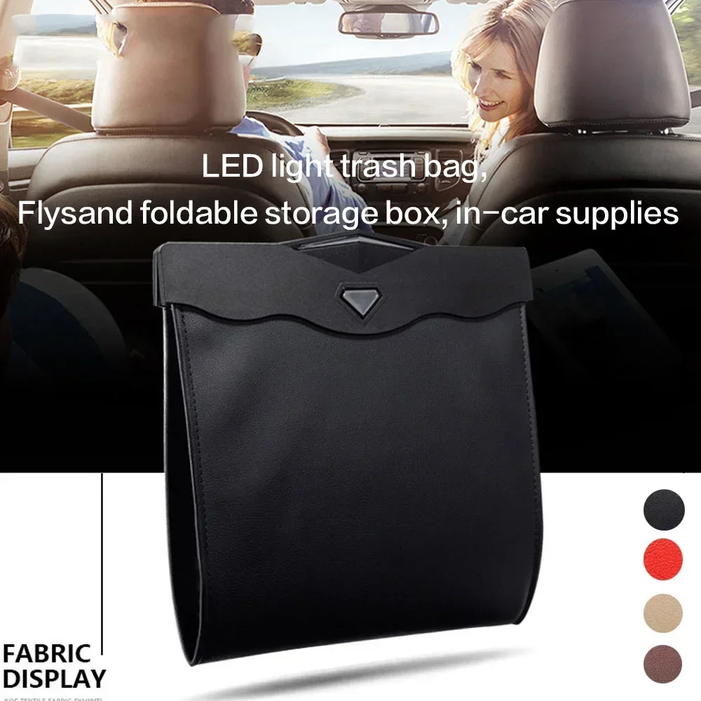 Kids Car Trash Can with LED Light, Waterproof Leather Garbage Bag, Magnetic Adsorption, Leak-Proof Back Seat Storage Organizer