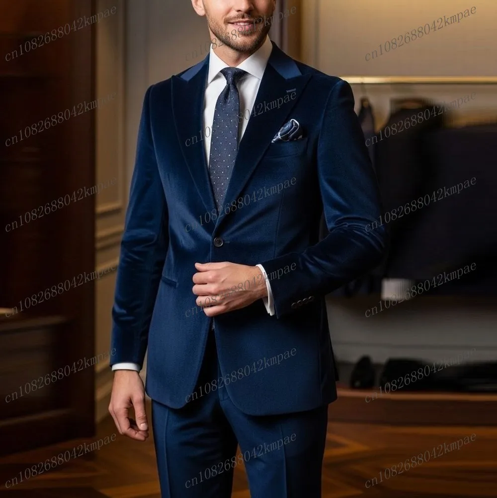 

New Navy Blue Velvet Men Suit Formal Groom Groomsman Wedding Party Prom Male Business Tuxedos 2 Piece Set Blazer Pants