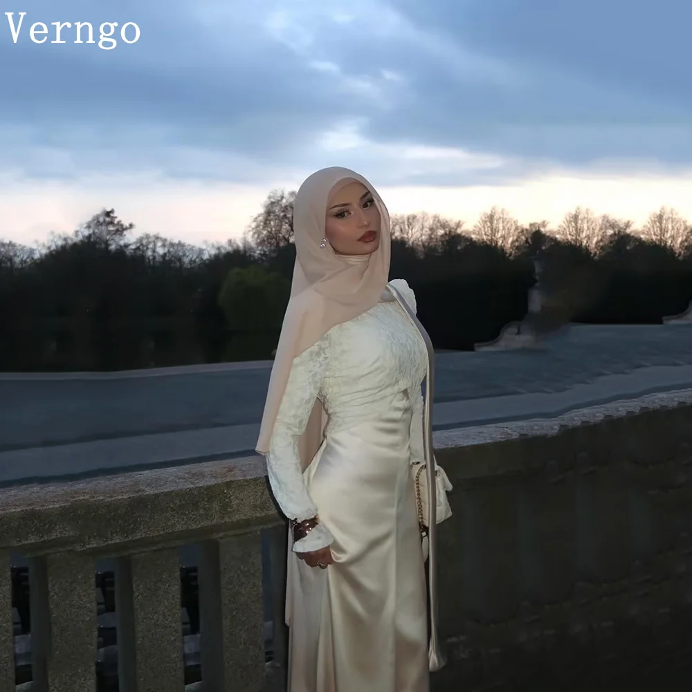

Verngo lvory Satin Evening Dress Lace One Neck Full Sleeves Prom Gowns Modest Maxi Mulism Party Dresses Customized