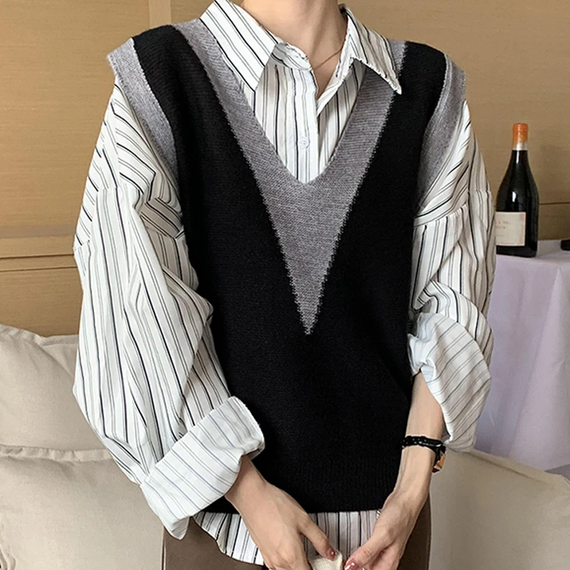 Autumn Winter Women's Fashion Contrast V-neck Sleeveless Loose Casual Sweater Vest