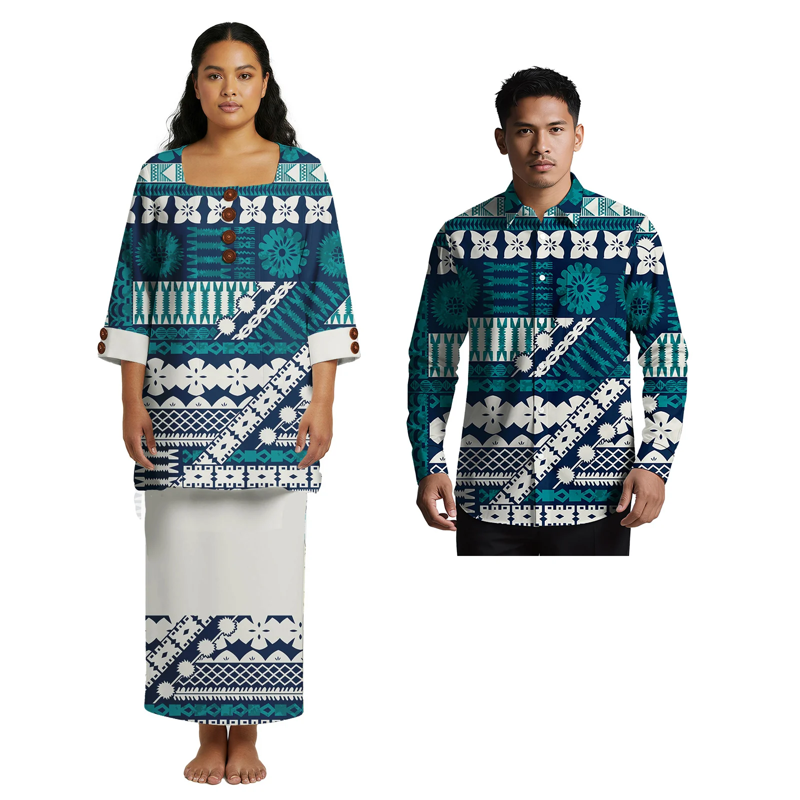 

Классический стиль, одежда на заказ, Гавайский остров, мужская рубашка Алоха, самоанский племенный дизайн, женский комплект пулетаси, платье, полинезийский комплект для пар