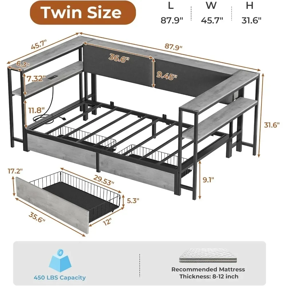 

Corner Twin Bed Frame with Charging Station, Modern Twin Size Metal Platform Bed Frame with Storage Shelves&2 Drawers, Daybeds