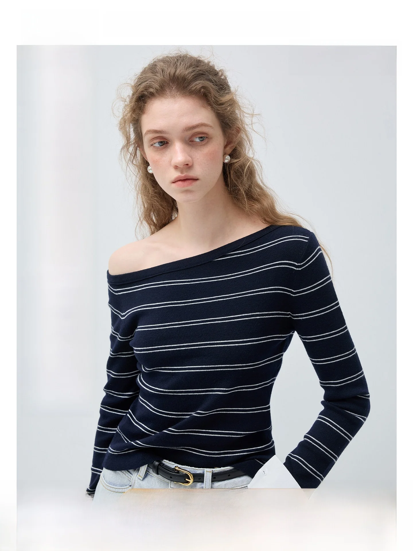 

Eternal Curtain VEGA CHANG Women's Slant oulder Stripe Woolen T-irt Spring New Sle Long Sve Comfortable Breathable