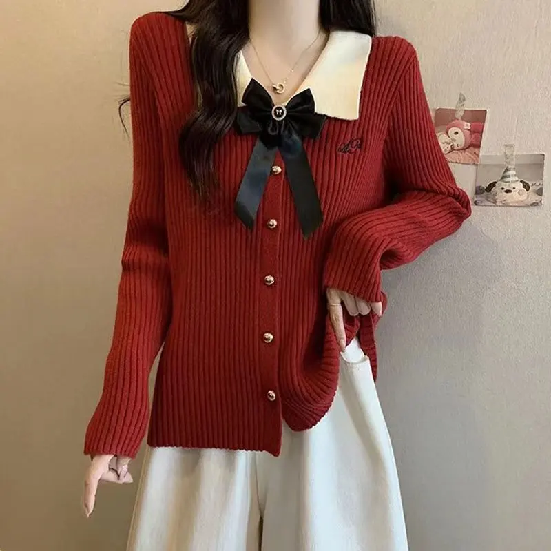 Preppy Style Doll Collar Bow Sweaters Female Clothing Stylish Single-breasted Autumn Winter Solid Color Loose Knitted Cardigan