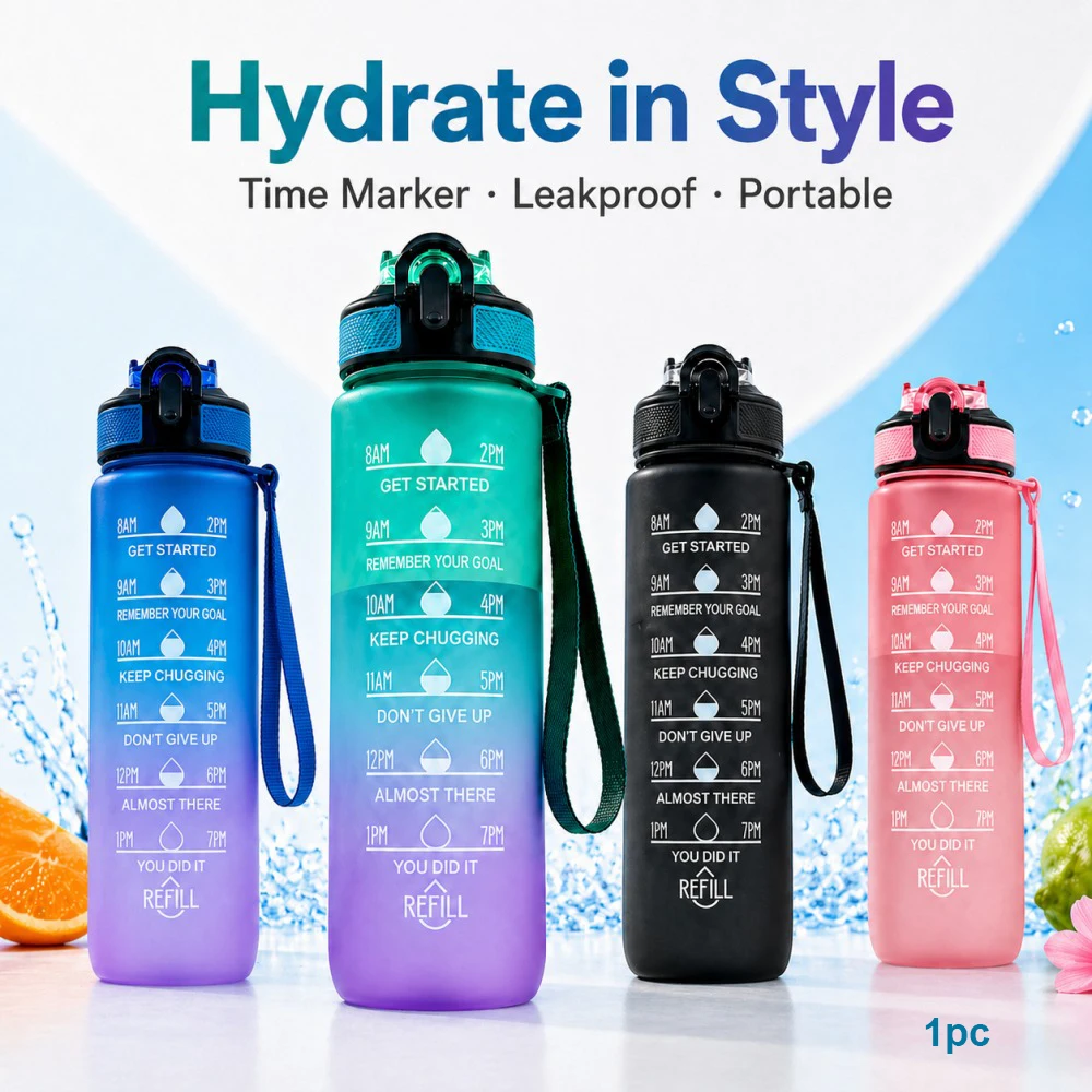 1000ml Plastic Water Bottle with Time Marker, Leakproof Portable Gradient Sports Bottle for Women Men, Gym Yoga Hiking Office