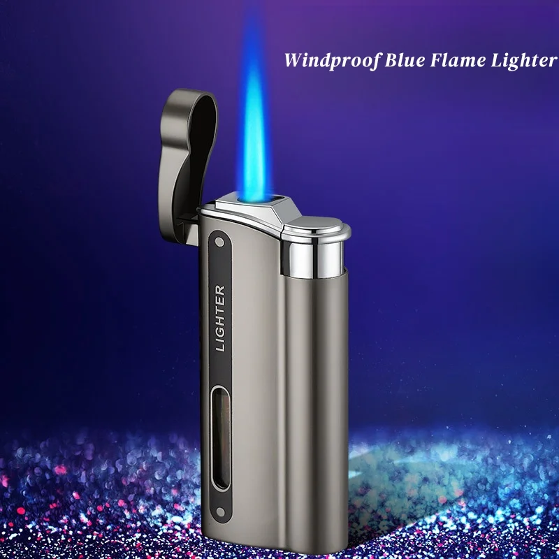 Metal Jet Blue Flame Gas Lighter Windproof Portable Visible Window Turbine Torch Lighter for Men's Gift Cigarette Accessories