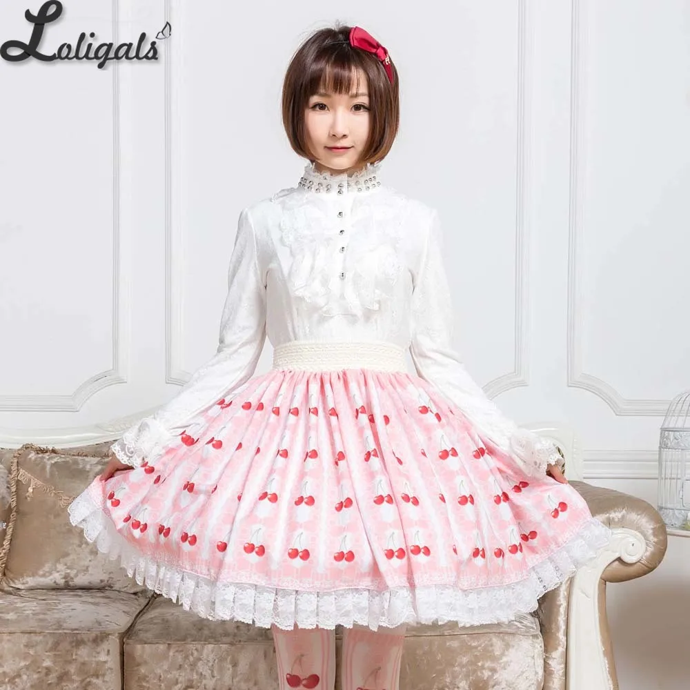 Sweet Pink Cherry Printed Mori Girl Short Skirt A-line Pleated Skirt for Summer