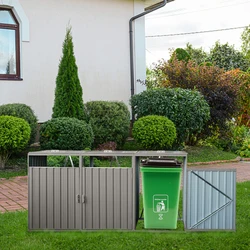 Garbage Bin Shed Stores 3 Trash Cans Metal Outdoor Bin Shed for Garbage Storage,Stainless Galvanized Steel, Bin Shed for Garden