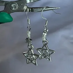Faux Pearl Whimsy Goth Swirly Star Asymmetrical Earrings Silver Color Pair of Celestial  Witch Celestial Gift Friend Women Boho