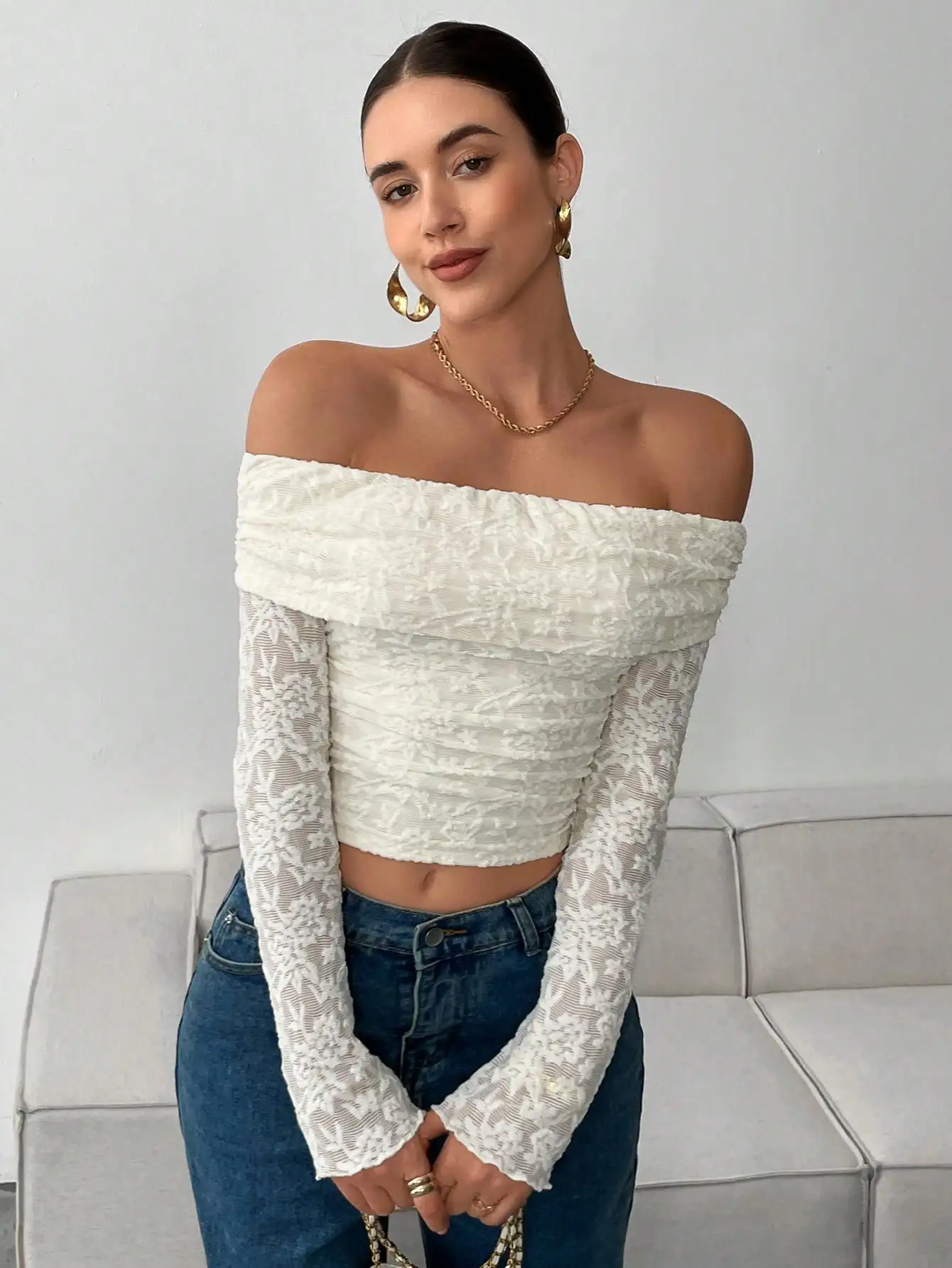 

Off Shoulder Lace Top Women Long Sleeve Sheer Crop Blouse Elegant Casual White