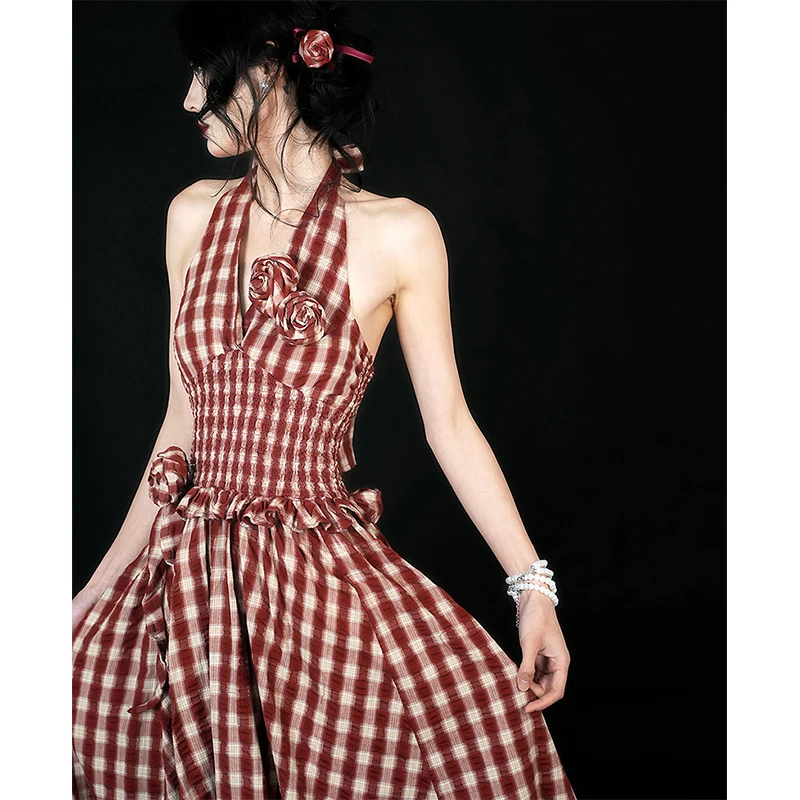 Mexzt vintage xadrez vestido longo feminino férias praia sexy halter floral maxi vestidos de verão coreano sem costas bodycon vestidos novo