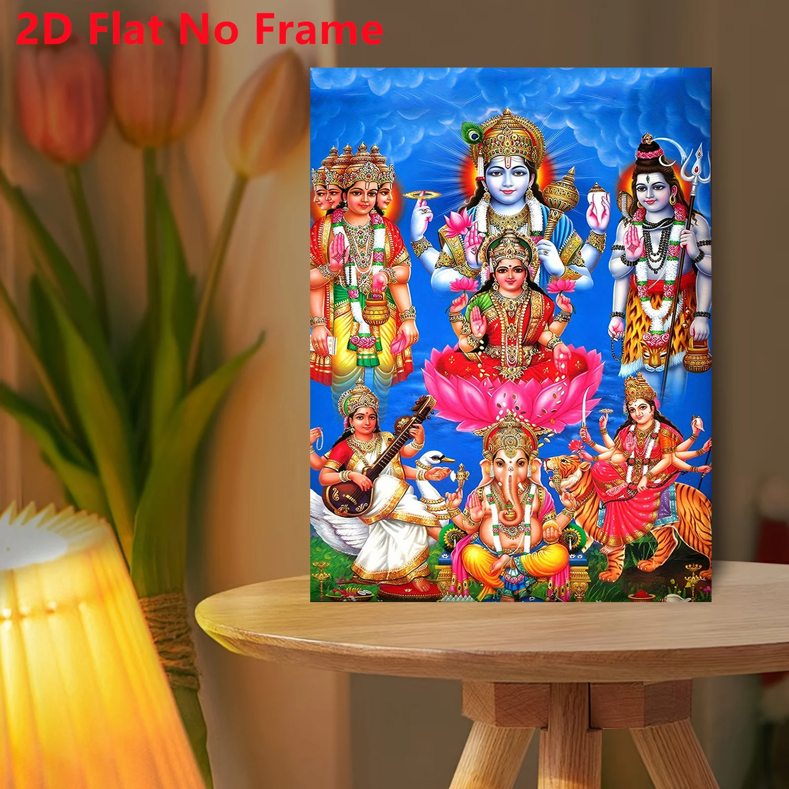 2D Flat, 2D Flat, 2D Flat No Frame Posters And Prints Hindu Deities Canvas Art Prints Wall Decor, Vibrant Lakshmi, Shiva, Gan
