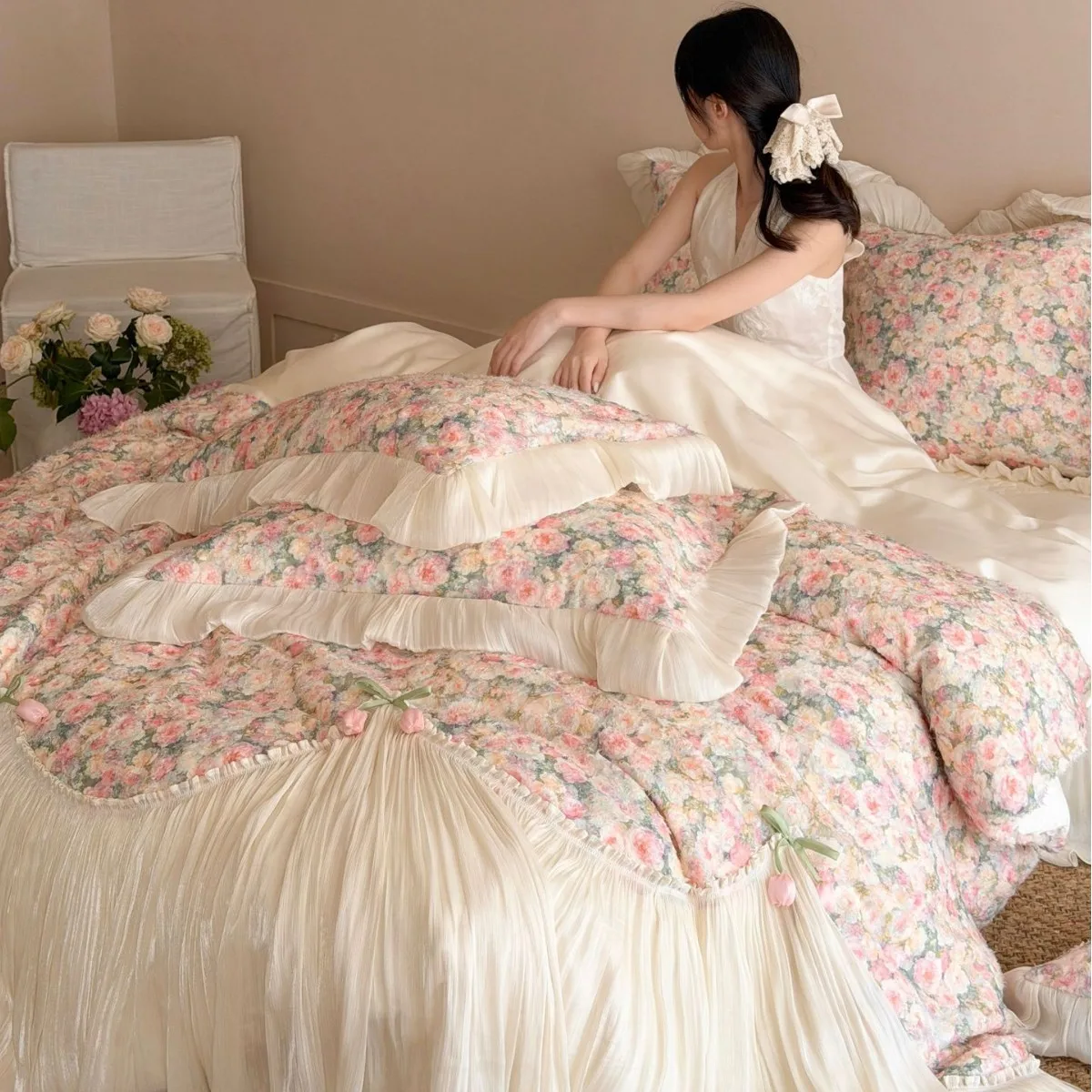 4-Piece French Princess Style A-Class Pure Cotton Bedding Set 100% Cotton Duvet Cover Sheet Romantic Lace Girl Bedding