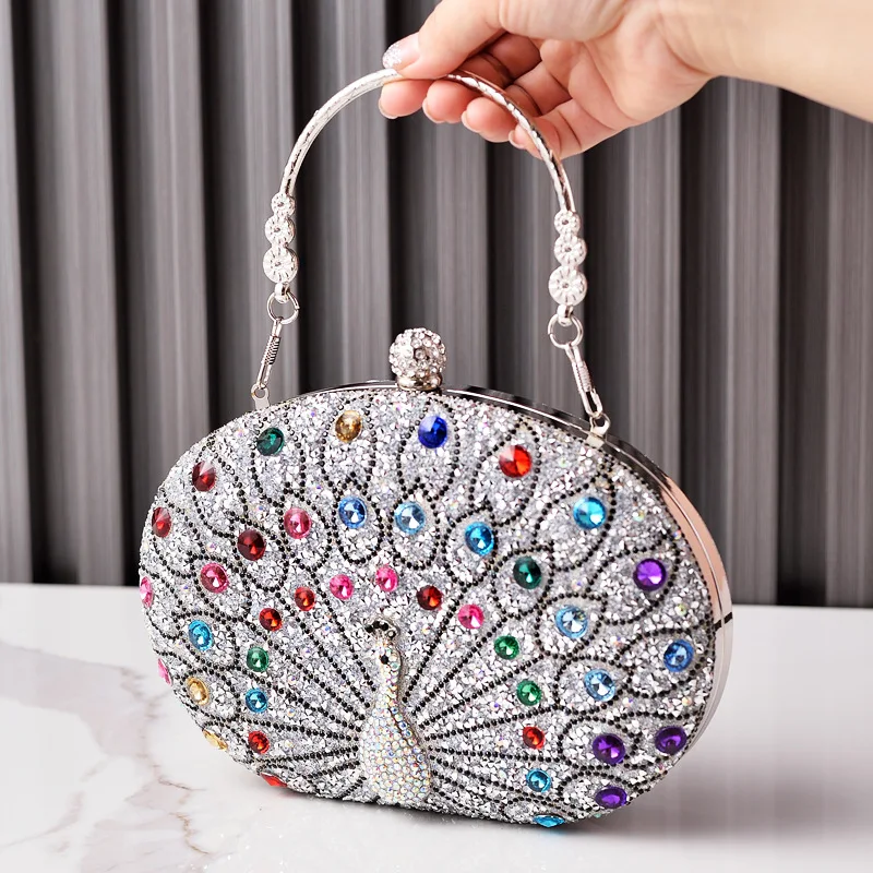 Luxury Diamond Decoration Evening Bag Peacock Set Diamond Handbag Women Bag Black Retro Crossbody Bag