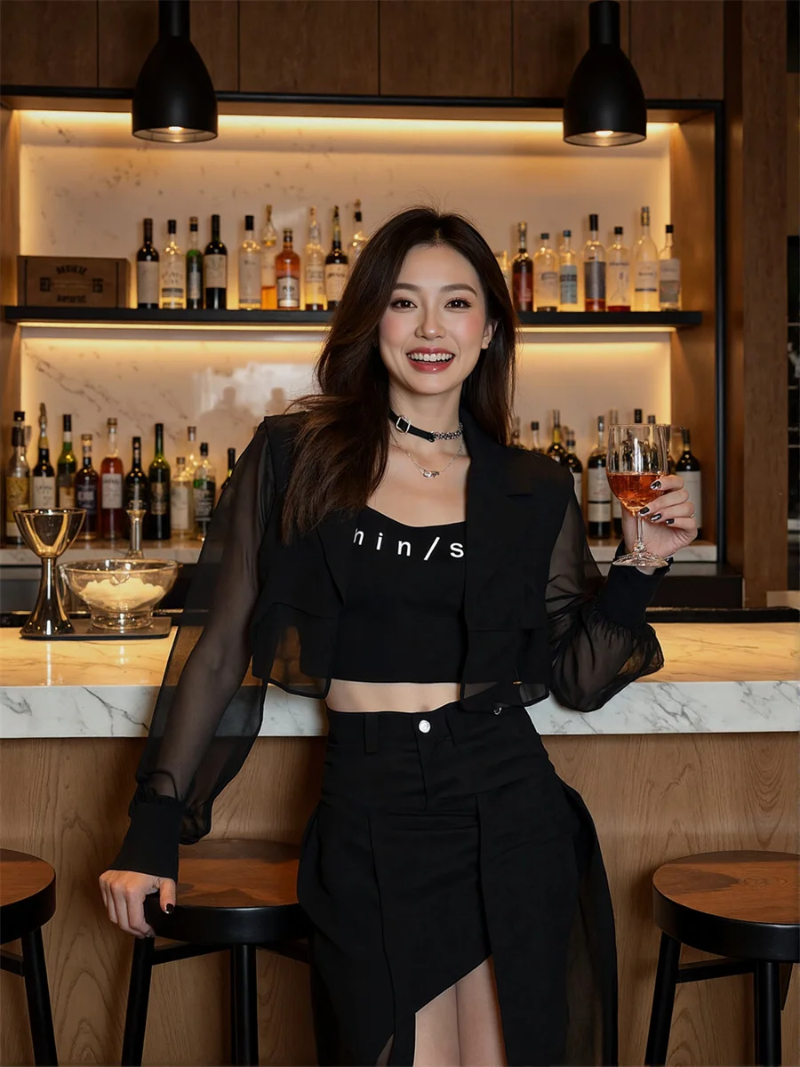 Sonnenschutz, abgeschnitten, durchsichtige Blazer mit Rückenschlitz, elegante Damenkleidung für Damen, Kunstseil, große Schneiderei, gerüscht, gepolstertes Wildleder für Damen