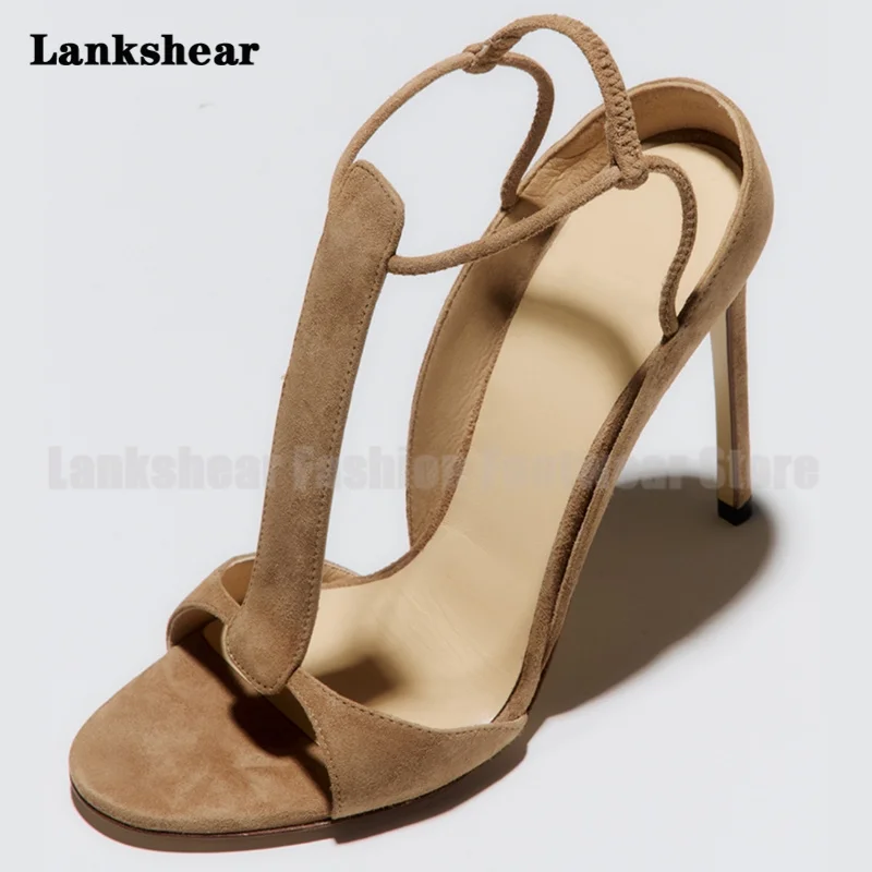 

Khaki Suede T-Strap Sandals Stiletto Heels Open Toe Women Shoes Summer Round Toe High Heels Slingback Sandalias De Mujer Verano