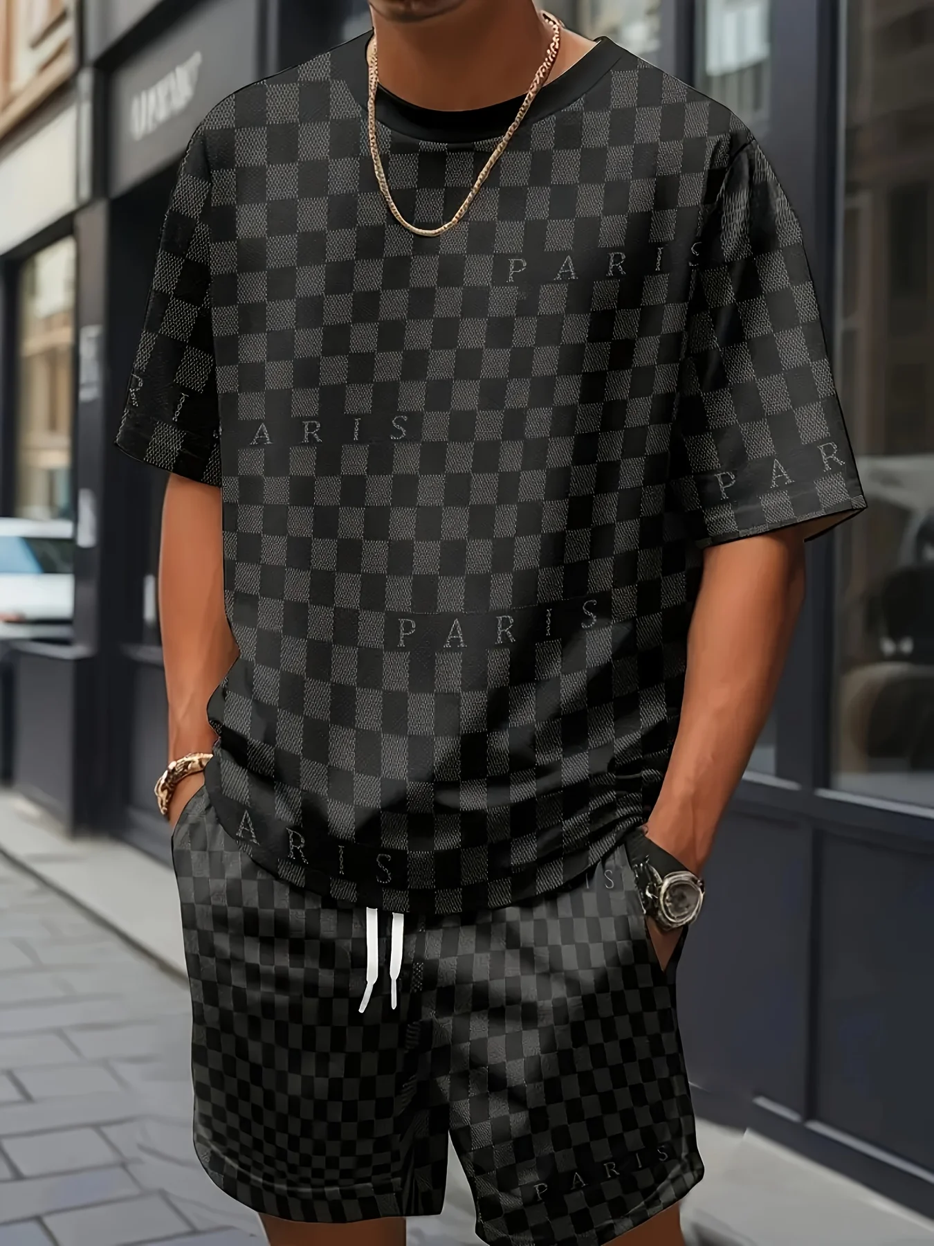 

Men's Crew Neck T-Shirt Shorts Fashion Two-piece Set Printed Plaid Paris Letter Design