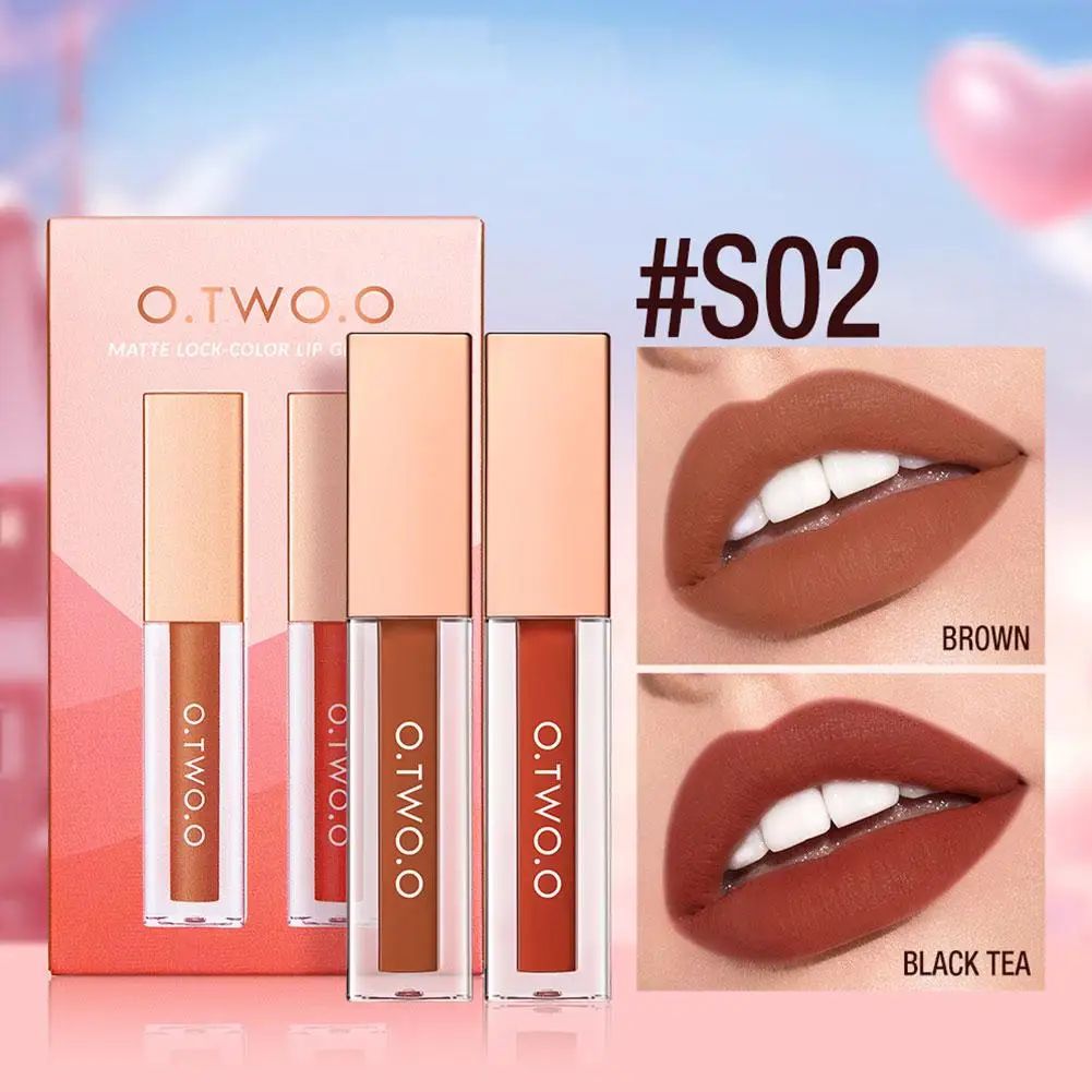 O.TWO.O 2 pz Rossetto Opaco Set di Trucco a Lunga Durata Impermeabile Color-blocking Lip Tint Sexy Antiaderente Velluto Lip Gloss Kit di Trucco