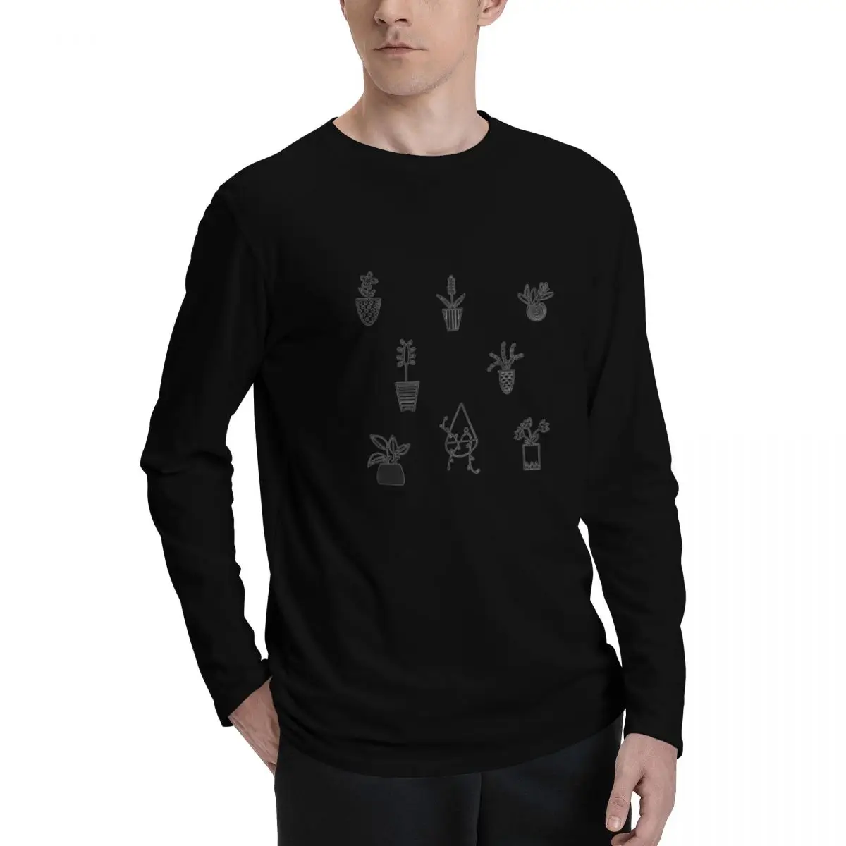 Simplistic_Plant_Sticker_Sheet Trendy Men's Long-Sleeve Tee, Slim Fit, Breathable Comfort, Ideal for Casual Wear and Sports.