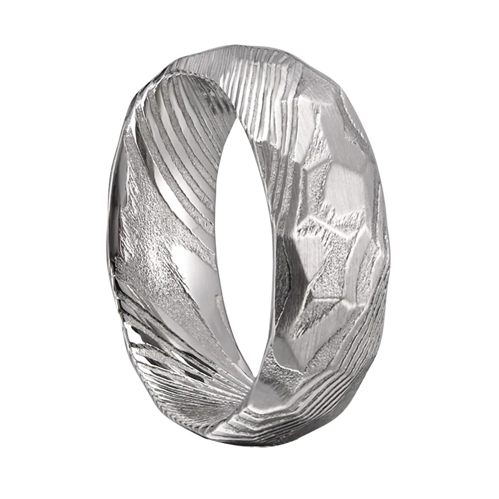 European And American Retro Wood Grain Damascus Steel Ring Curved Surface Men's Rings