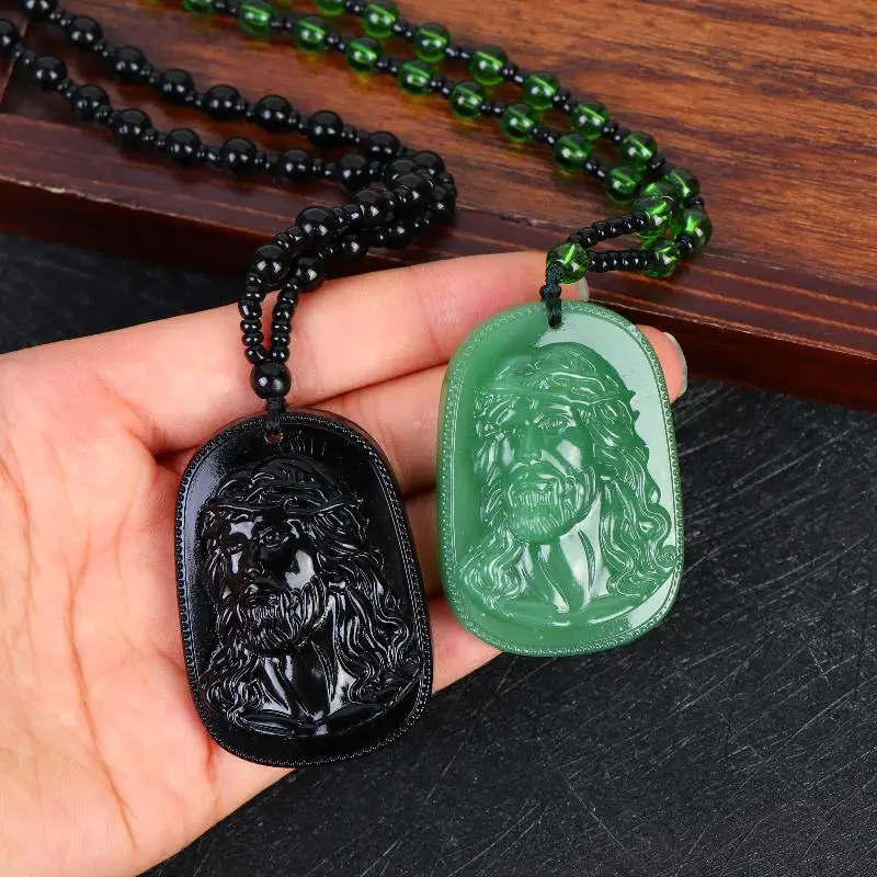 Classic Religious Emerald Green Imitation Jade AmuletStatue Pendant Necklace Men Women Prayer Jewelry Gift