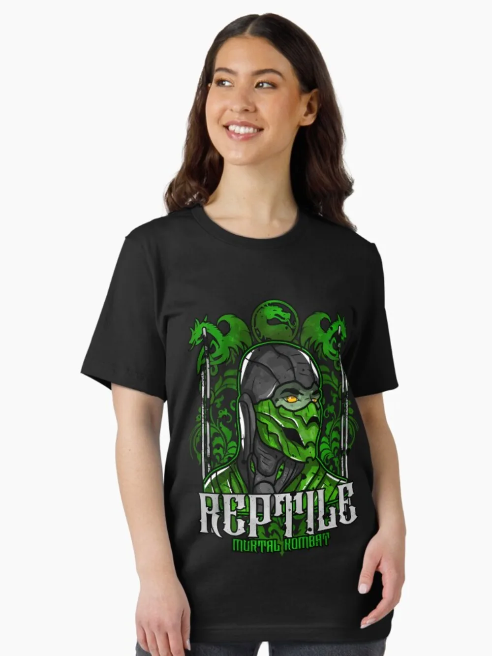 Mortal Kombat Reptile Portrait Print T Shirt Retro Video Game Green Ninja Graphic Tee Unisex Oversized Cotton Gaming Streetwear