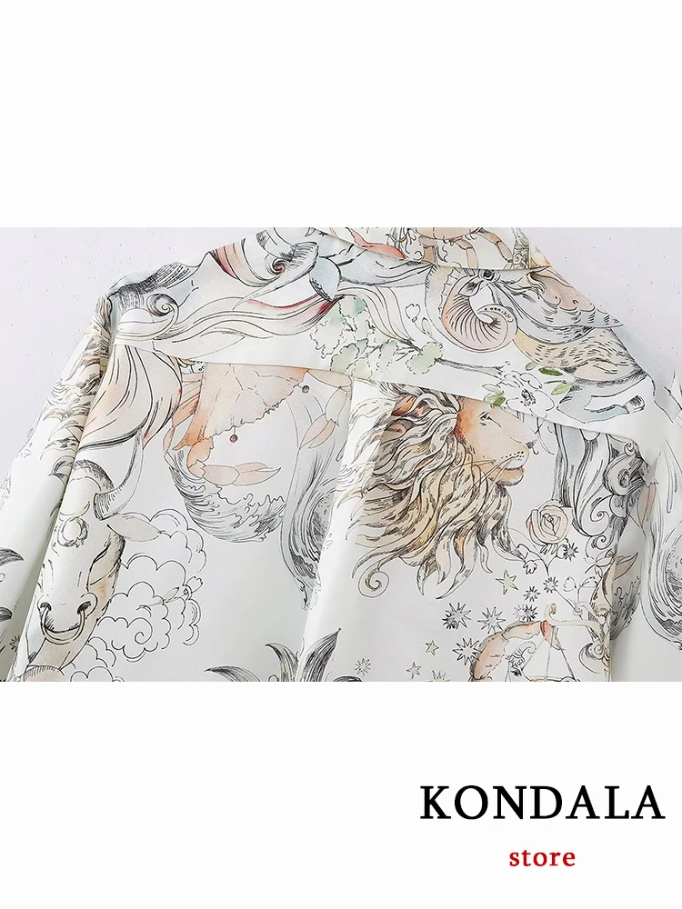 KONDALA Vintage Chic Print Holidady Set Casual Women Suit Fashion 2023 Long Sleeve Silk Oversized Shirt Wide Leg Drawstring Pant