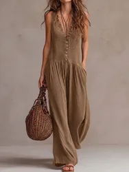 V Neck Buttons Patchwork Chic Jumpsuit, Women Spring Summer Sleeveless Elegant Playsuits, Casual Wide Leg Pants Ladies Bodysuits