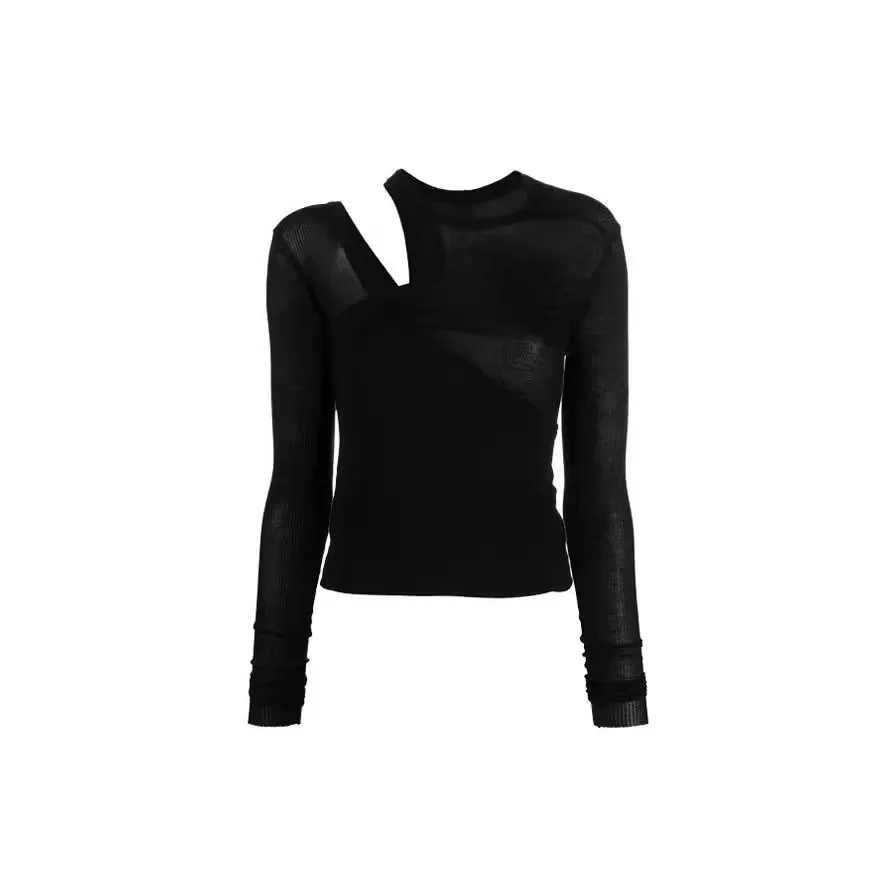 T-shirt à manches longues pour femme, asymétrique, asymétrique, alertes onale, épaules dénudées, serré, slim, intérieur creux, printemps et automne, 24