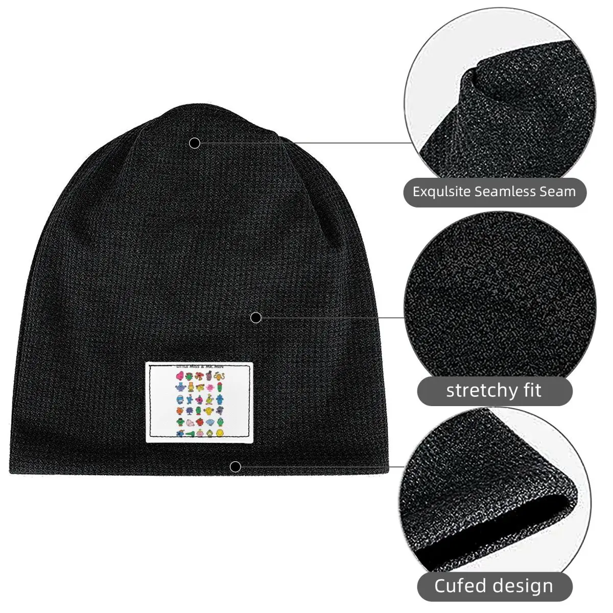 Little Miss And Mr. Men Waffle Knit Fleece Lined Beanie with PU Leather Patch Unisex Warm Winter Soft Cap
