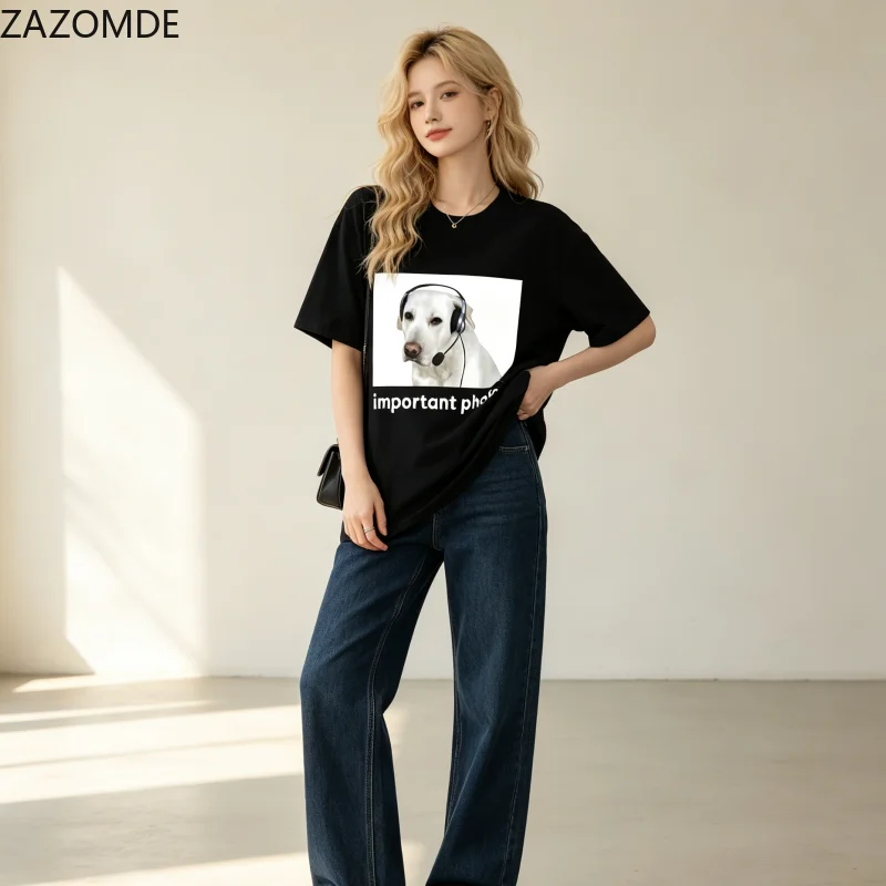 ZAZOMDE Unisex Casual Short Sleeve T-Shirt Important Photo Labrador With Headset Graphic Print Hip Hop Streetwear Tops