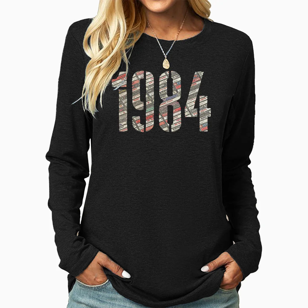 1984 Printed Round Neck Long Sleeve, Autumn and Winter Retro Simple Women\'s Top