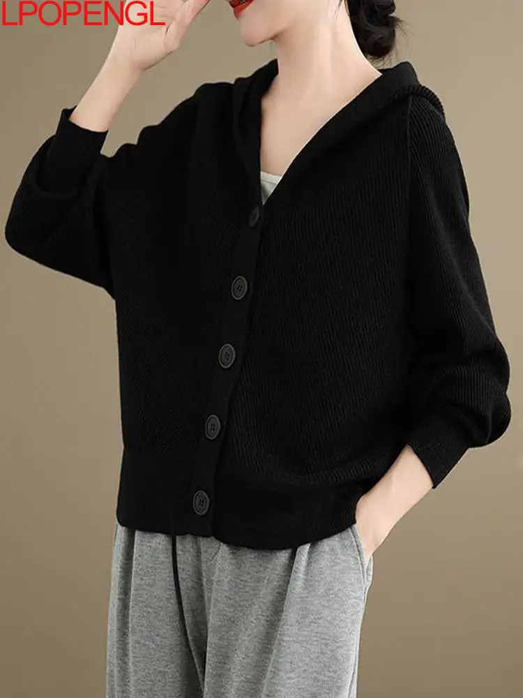 Fashion Casual Sweater Knitted Cardigan Women's Autumn And Winter Solid Color Loose Hooded Long Sleeve Single Breasted Jacket