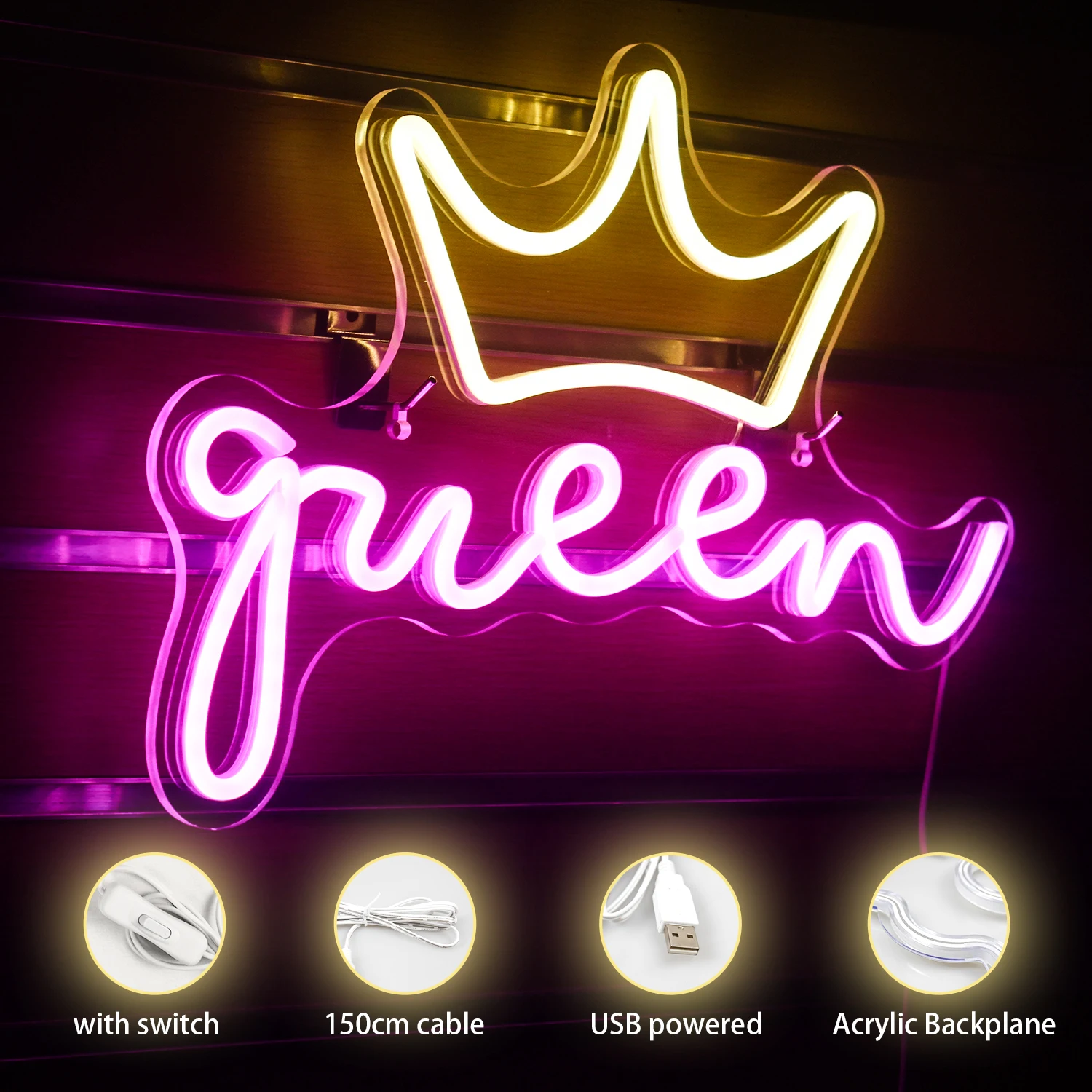 Queen Led Neon Sign Acrylic Handmade LED Neon Girl Bedroom Decor Prom Beauty Salon Store Birthday Party Wall Hang USB Neon Light