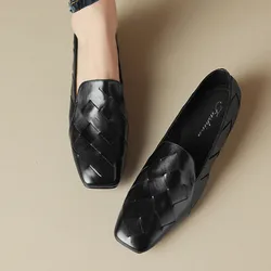 British Square Toe Women Shallow Flats Black Leather Weaved Design mocassini Shallow Autumn Dress scarpe singole Chaussure Femme