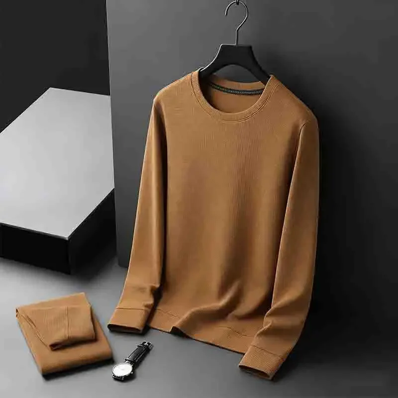 Men's All-match Waffle Knit Crew Neck Pullover Comfortable Long Sleeve Sweater for Work & Leisure