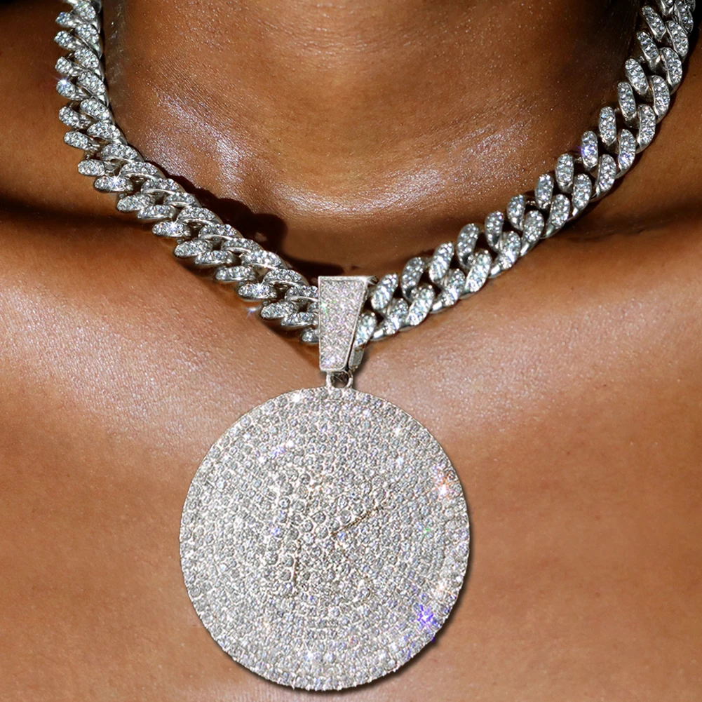 New Crystal Round Initials Necklace 13MM Miami Cuban Link Chain for Women Men Bling A-Z Letters Pendant Necklace Fashion Jewelry