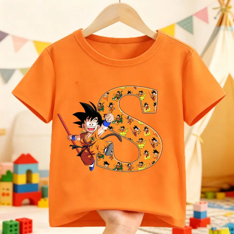 

Dragon Ball Kids T-shirt Goku A-Z Letter Tee Top Round Collar Clothing Boy Girl Summer Short Sleeve Children Anime Clothes Gift