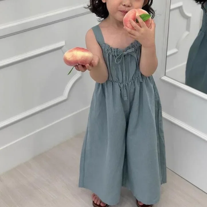 

2025 New Korean Girls' Summer Trousers Fashionable and Foreign Cute Baby Girl Suspender Wide-leg Jumpsuit